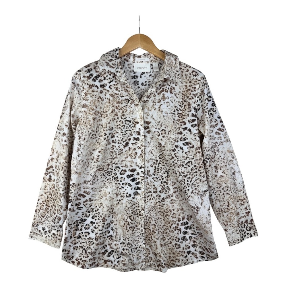 Chicos Animal Print No Iron Button Up Long Sleeve‎ Tunic size Medium White/Brown